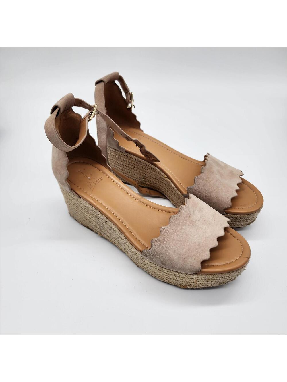 J.CREW Suede Flatform Espadrilles Sandals Womens Tan Scalloped 3" Wedges 9